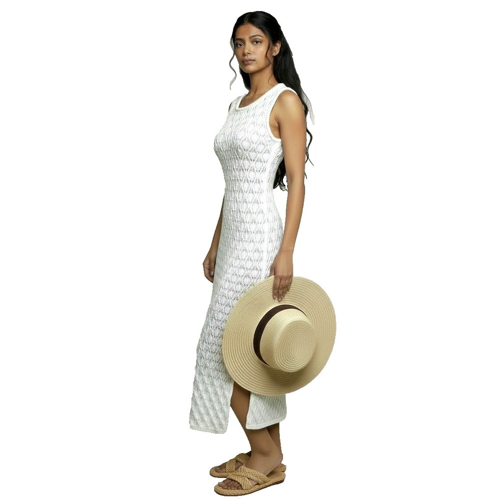 Olive+Oak Women's Crochet Midi Dress S Ivory Bodycon Slit Sides Coverup Resort